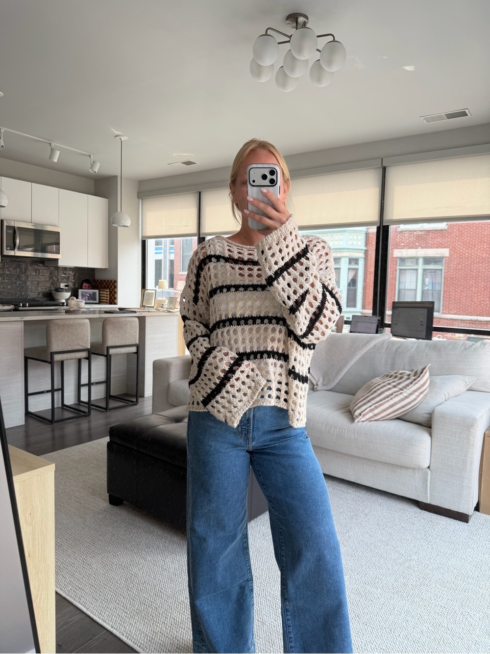 Pull&Bear Open-Knit Cream Sweater with Black Stripes